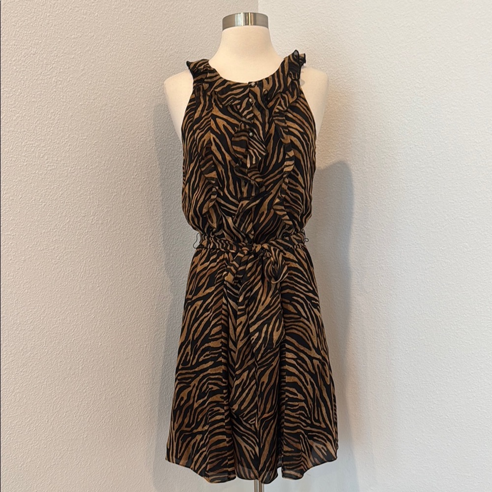 White House Black Market Animal Print Silk Ruffle Dress, Sz 4